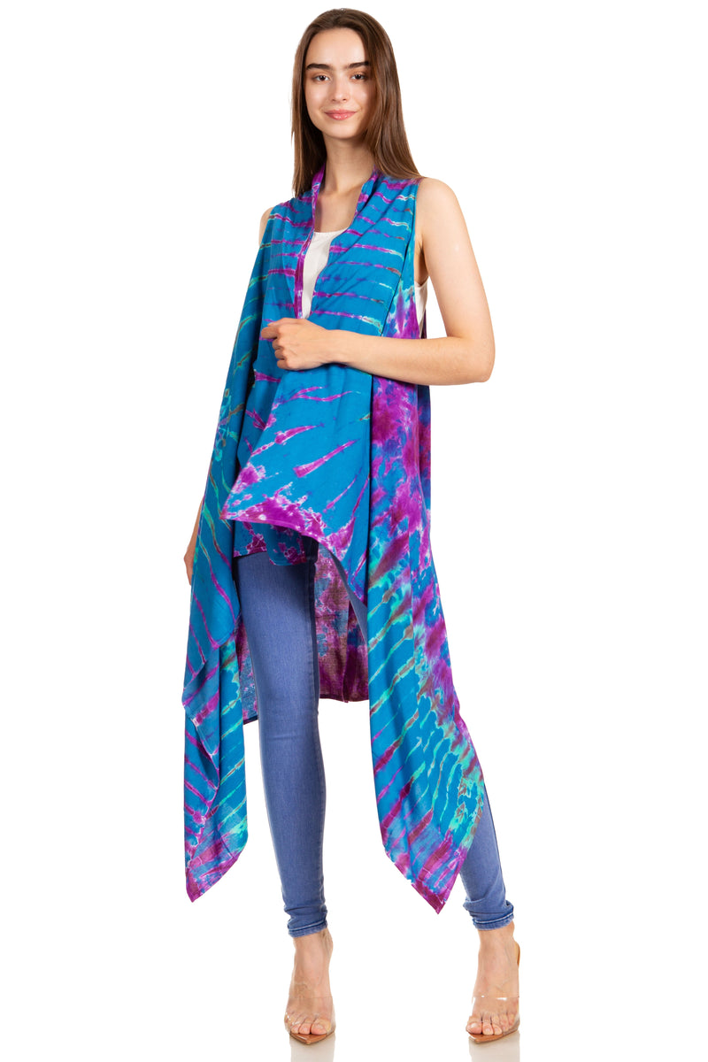 Sakkas Ivana Women's Oversized Draped Open Front Sleeveless Cardigan in Tie Dye