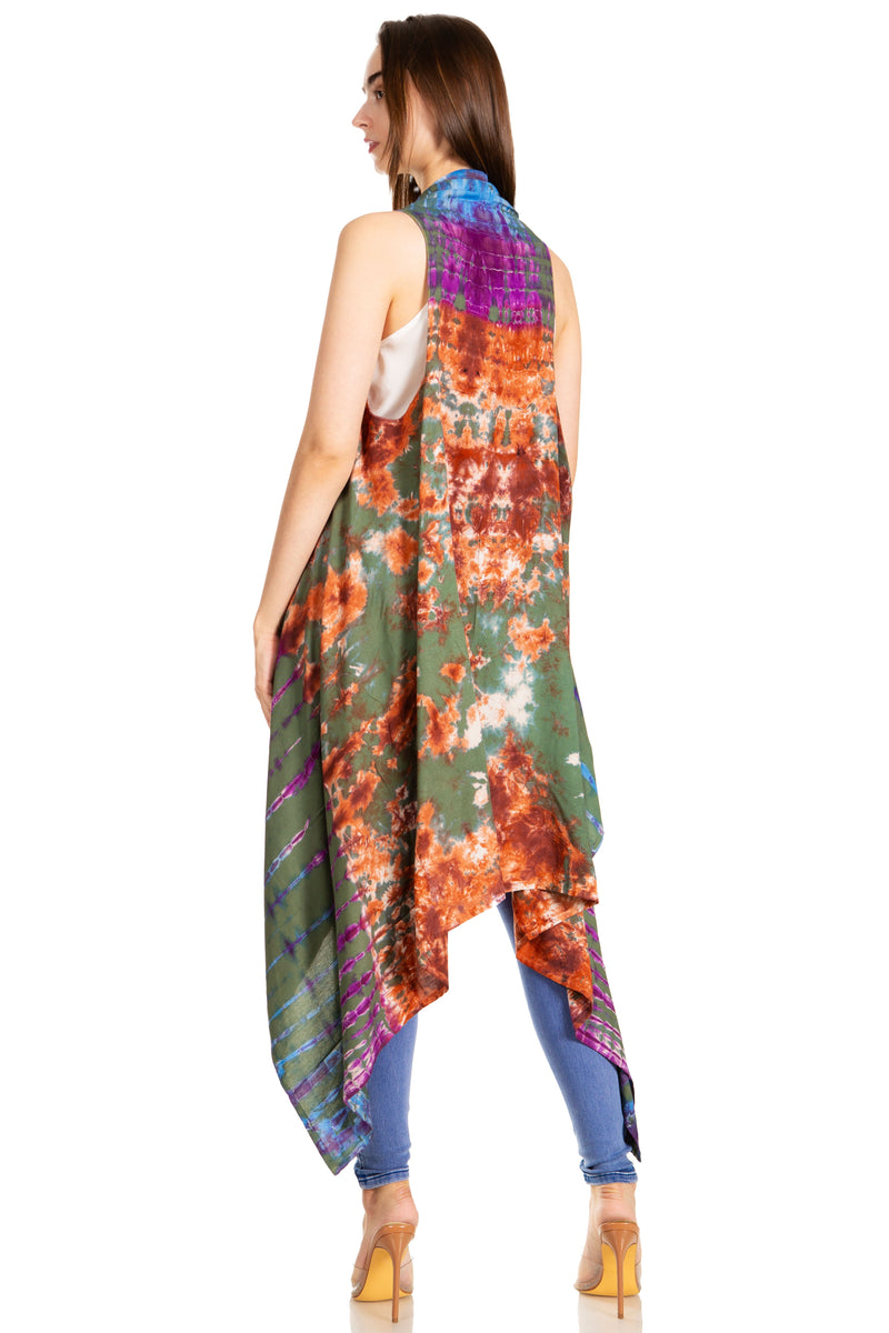 Sakkas Ivana Women's Oversized Draped Open Front Sleeveless Cardigan in Tie Dye