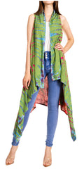 Sakkas Ivana Women's Oversized Draped Open Front Sleeveless Cardigan in Tie Dye#color_Olive