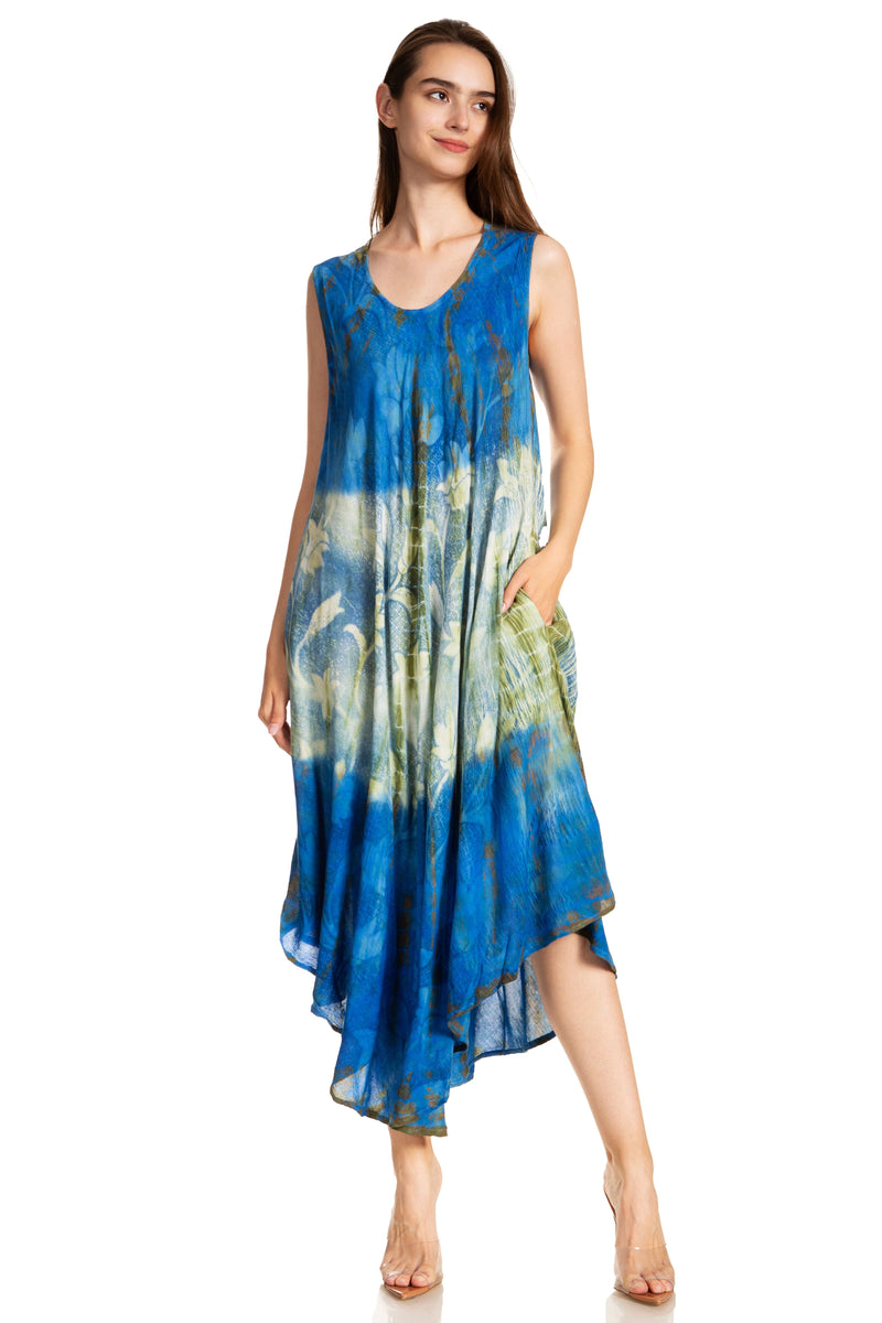 Sakkas Ombre Floral Tie Dye Tank Sheath Caftan Rayon Dress