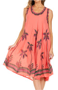 Sakkas Watercolor Palm Tree Tank Caftan Short Dress#color_Coral