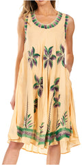 Sakkas Watercolor Palm Tree Tank Caftan Short Dress#color_PineAppleYellow