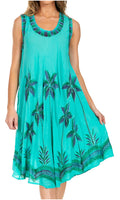 Sakkas Watercolor Palm Tree Tank Caftan Short Dress#color_Turquoise