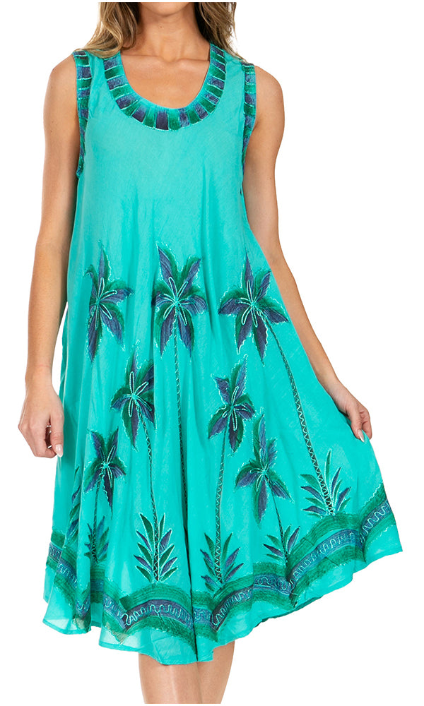 Sakkas Watercolor Palm Tree Tank Caftan Short Dress