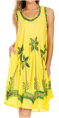 Sakkas Watercolor Palm Tree Tank Caftan Short Dress#color_Yellow