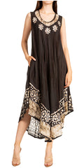 Sakkas Alexis Embroidered Long Sleeveless Floral Caftan Dress / Cover Up#color_Grey/Black