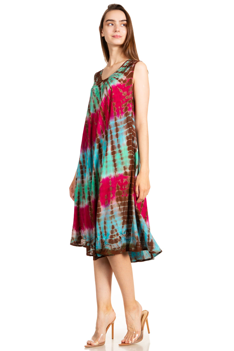 Sakkas Nora Sleeveless Embroidered Short Tie Dye Caftan Dress / Cover Up