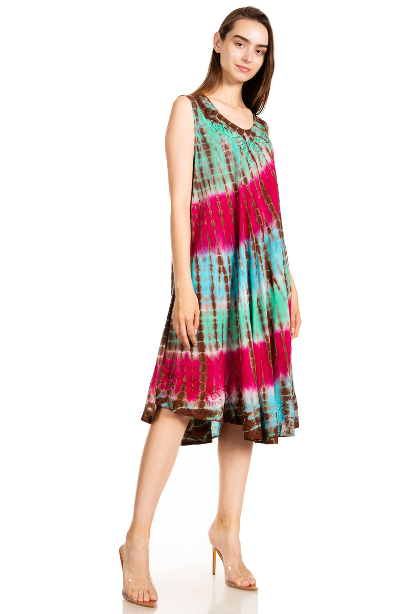 Sakkas Nora Sleeveless Embroidered Short Tie Dye Caftan Dress / Cover Up