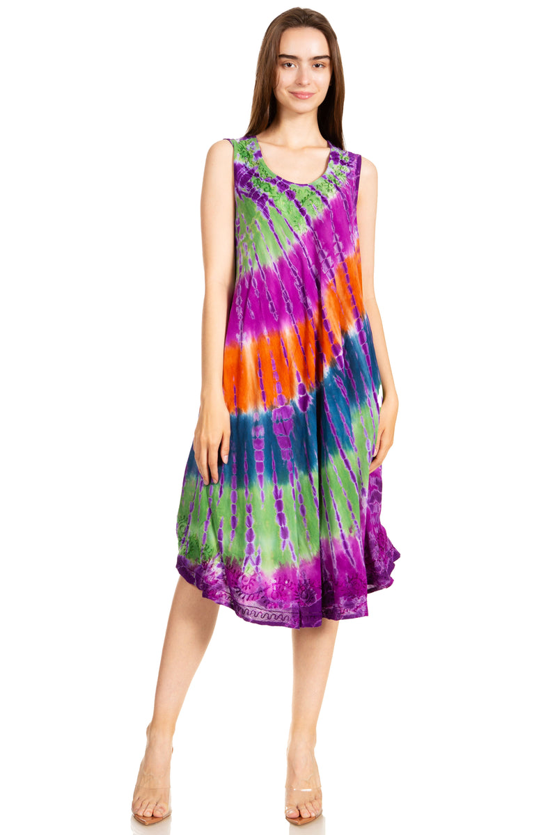 Sakkas Nora Sleeveless Embroidered Short Tie Dye Caftan Dress / Cover Up