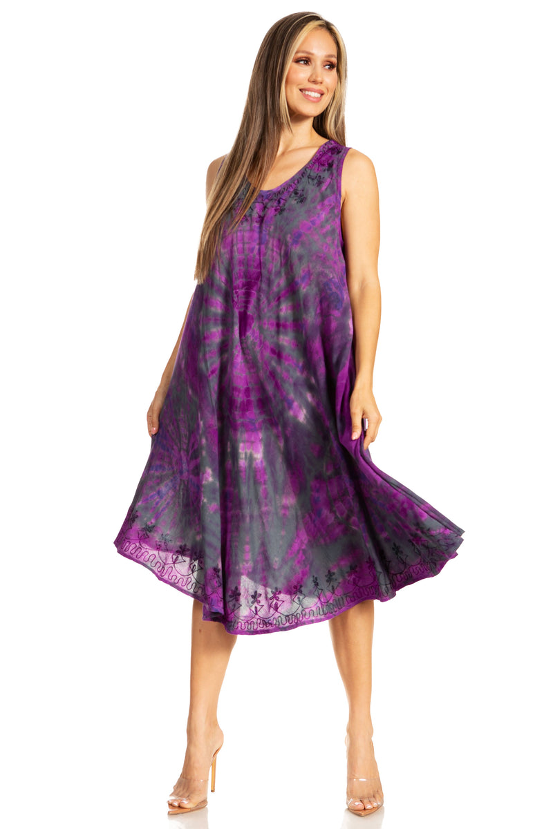 Sakkas Nora Sleeveless Embroidered Short Tie Dye Caftan Dress / Cover Up