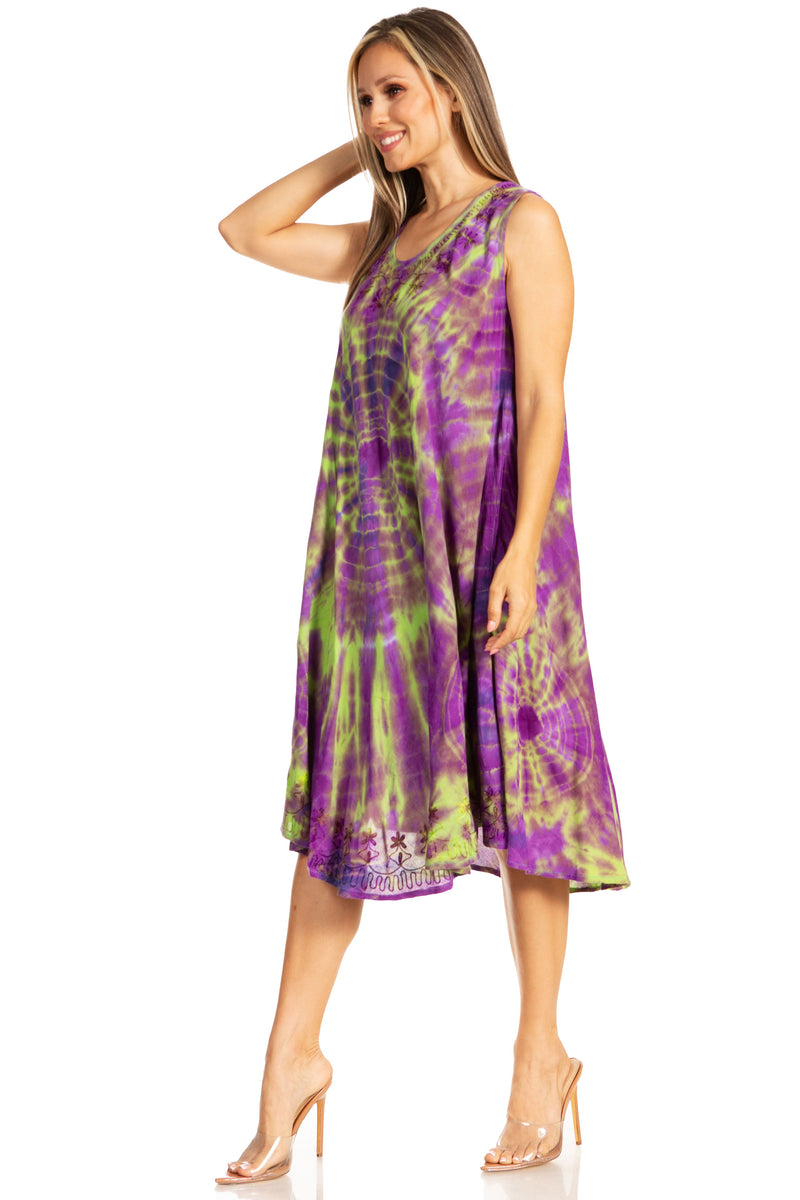 Sakkas Nora Sleeveless Embroidered Short Tie Dye Caftan Dress / Cover Up