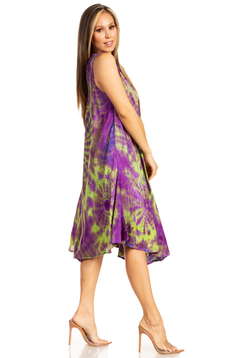 Sakkas Nora Sleeveless Embroidered Short Tie Dye Caftan Dress / Cover Up