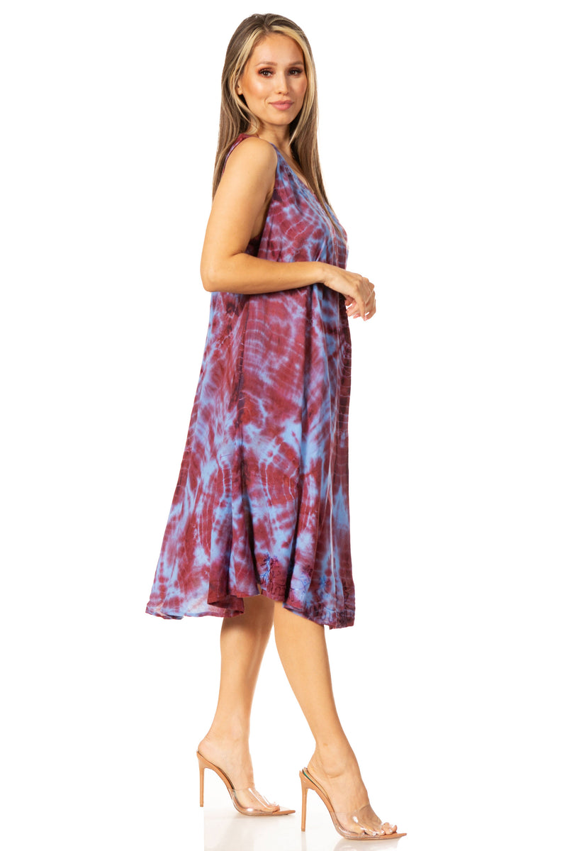 Sakkas Nora Sleeveless Embroidered Short Tie Dye Caftan Dress / Cover Up