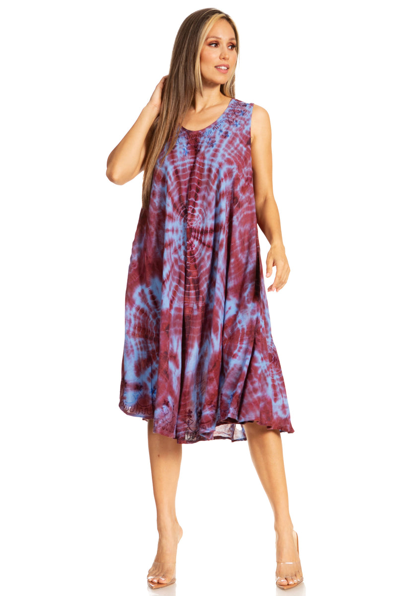 Sakkas Nora Sleeveless Embroidered Short Tie Dye Caftan Dress / Cover Up