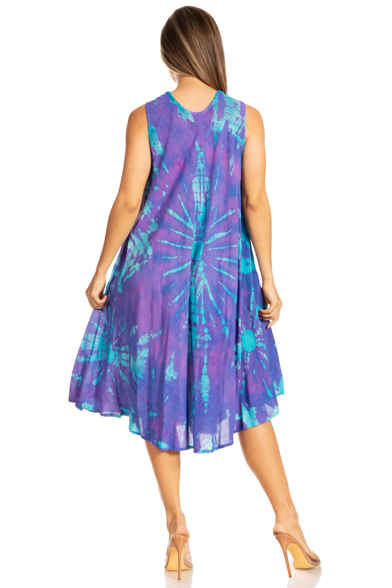 Sakkas Nora Sleeveless Embroidered Short Tie Dye Caftan Dress / Cover Up