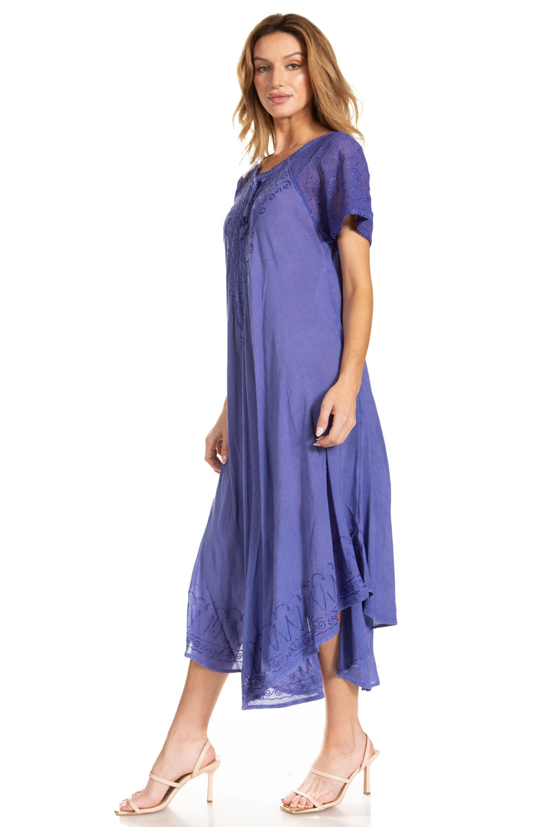 Sakkas Egan Women's Long Embroidered Caftan Dress / Cover Up With Embroidered Cap Sleeves