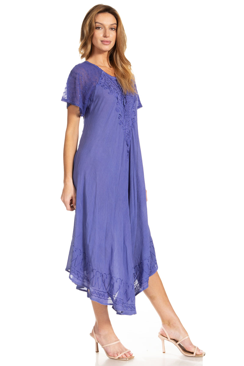 Sakkas Egan Women's Long Embroidered Caftan Dress / Cover Up With Embroidered Cap Sleeves