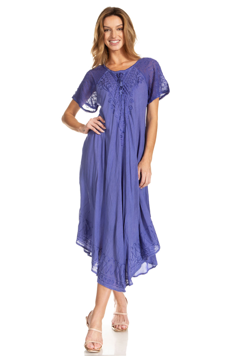 Sakkas Egan Women's Long Embroidered Caftan Dress / Cover Up With Embroidered Cap Sleeves