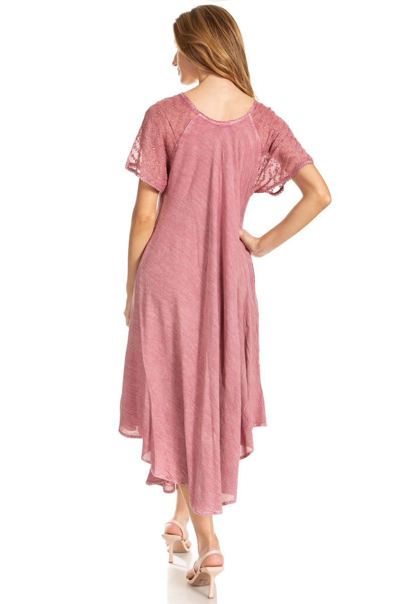 Sakkas Egan Women's Long Embroidered Caftan Dress / Cover Up With Embroidered Cap Sleeves