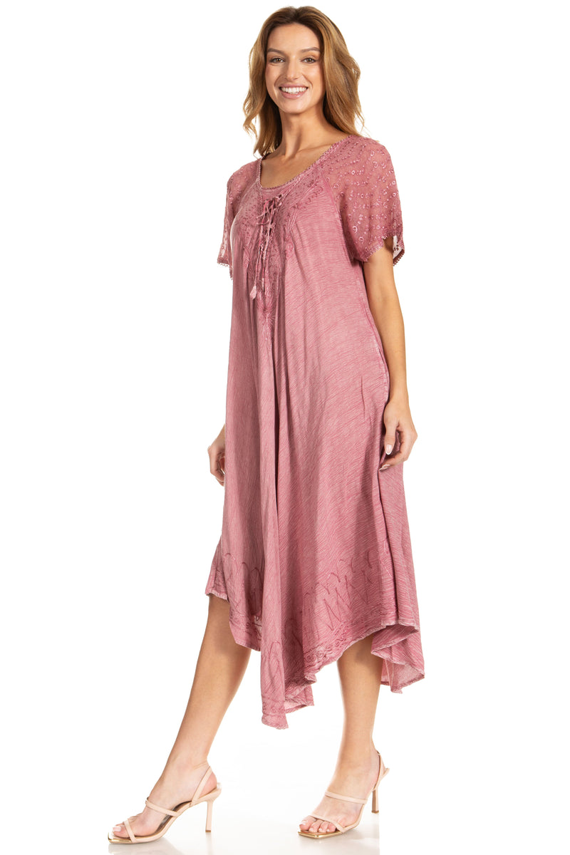 Sakkas Egan Women's Long Embroidered Caftan Dress / Cover Up With Embroidered Cap Sleeves