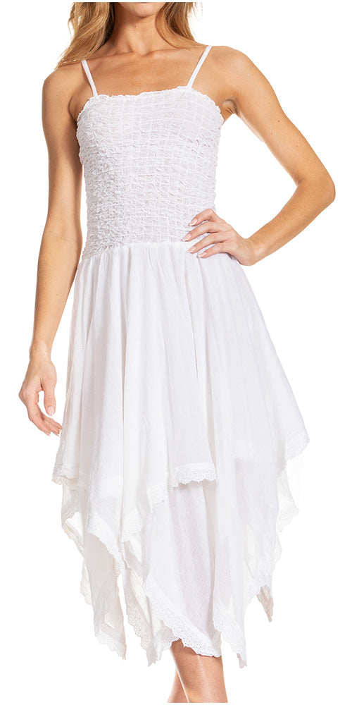 Sakkas Ella Smocked Bodice Spaghetti Strap Double Layered Dress#color_White