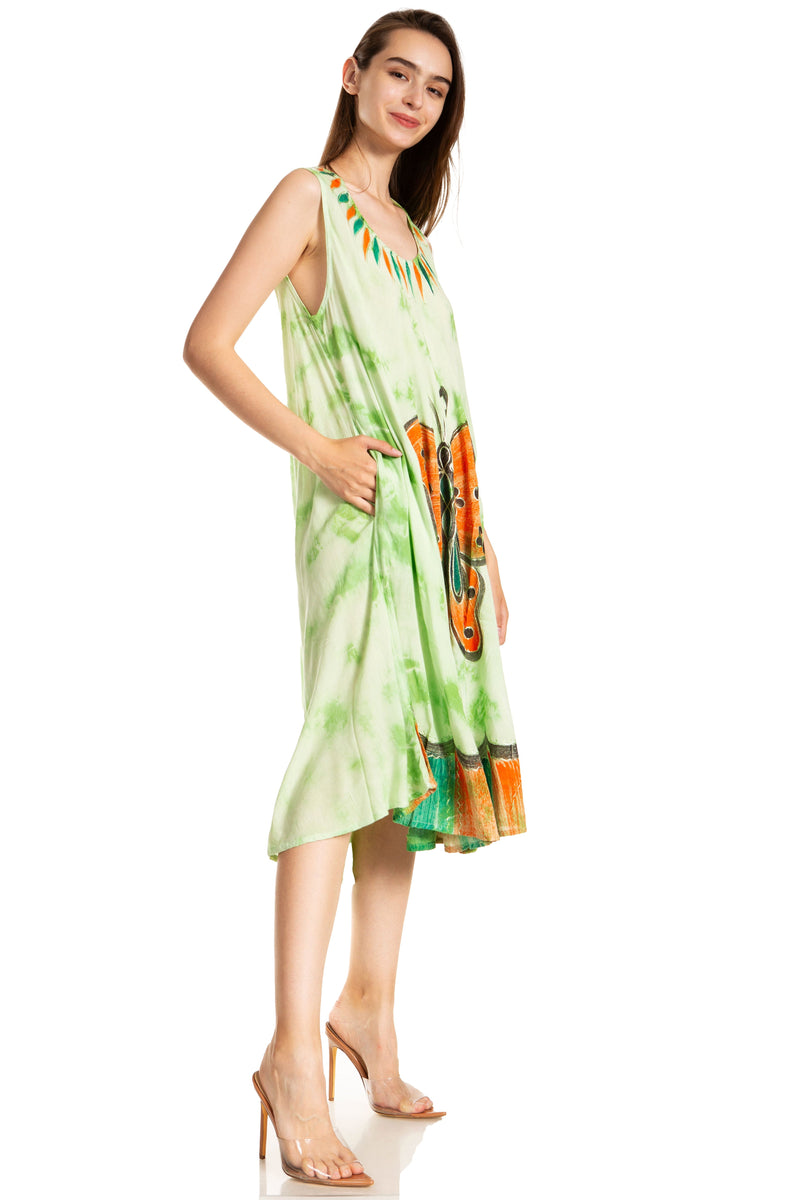 Sakkas Butterfly Tie Dye Tank Sheath Caftan Mid Length Cotton Dress