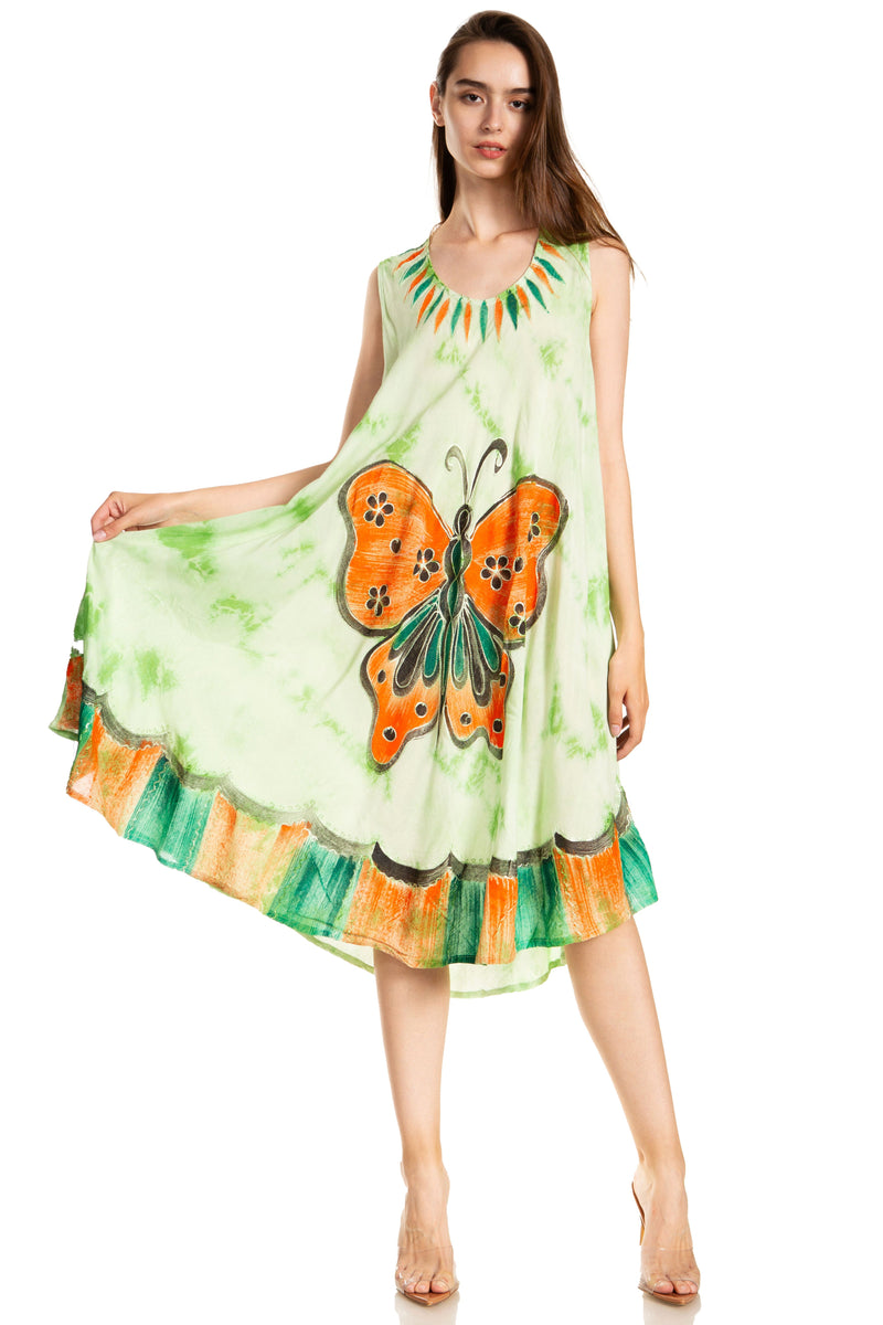 Sakkas Butterfly Tie Dye Tank Sheath Caftan Mid Length Cotton Dress