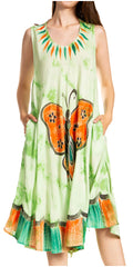 Sakkas Butterfly Tie Dye Tank Sheath Caftan Mid Length Cotton Dress#color_Green