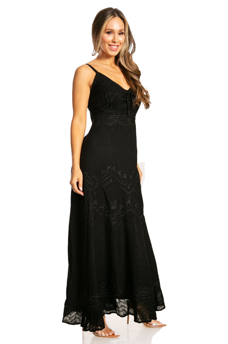 Sakkas Stonewashed Rayon Embroidered Adjustable Spaghetti Straps Long Dress