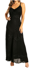 Sakkas Stonewashed Rayon Embroidered Adjustable Spaghetti Straps Long Dress#color_Black