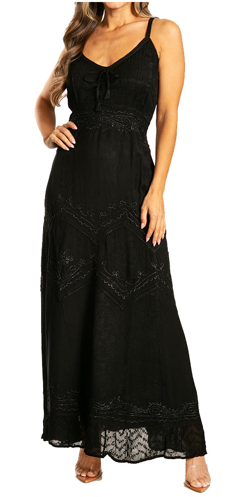 Sakkas Stonewashed Rayon Embroidered Adjustable Spaghetti Straps Long Dress