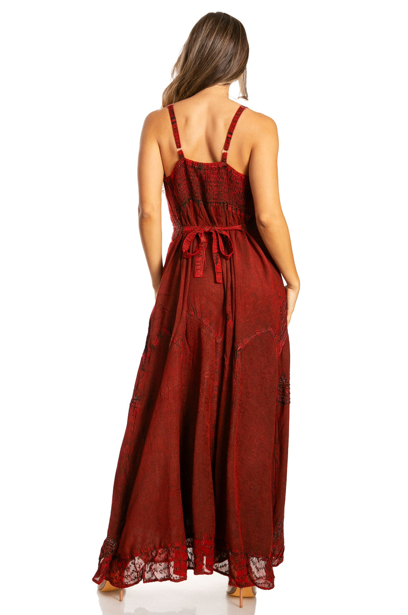 Sakkas Stonewashed Rayon Embroidered Adjustable Spaghetti Straps Long Dress