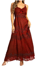 Sakkas Stonewashed Rayon Embroidered Adjustable Spaghetti Straps Long Dress#color_Red