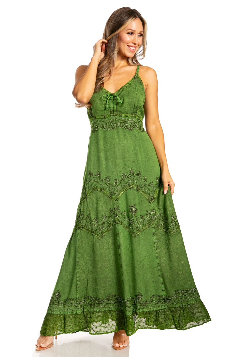 Sakkas Stonewashed Rayon Embroidered Adjustable Spaghetti Straps Long Dress