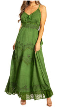 Sakkas Stonewashed Rayon Embroidered Adjustable Spaghetti Straps Long Dress#color_Green