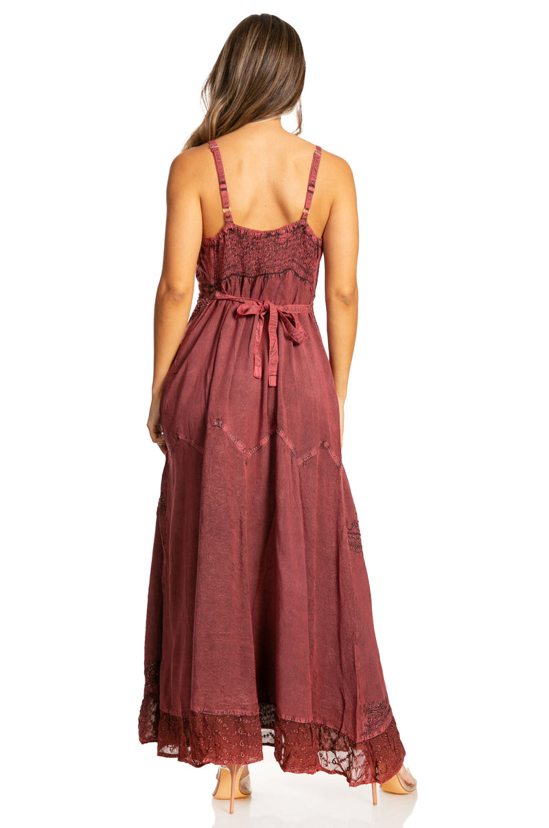 Sakkas Stonewashed Rayon Embroidered Adjustable Spaghetti Straps Long Dress