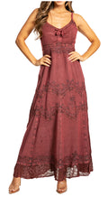 Sakkas Stonewashed Rayon Embroidered Adjustable Spaghetti Straps Long Dress#color_Mauve