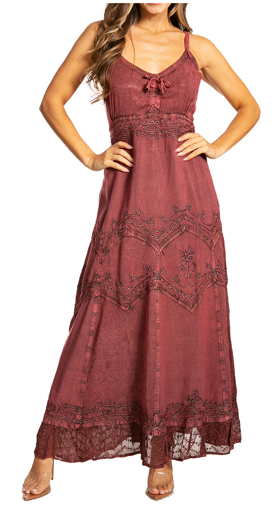 Sakkas Stonewashed Rayon Embroidered Adjustable Spaghetti Straps Long Dress