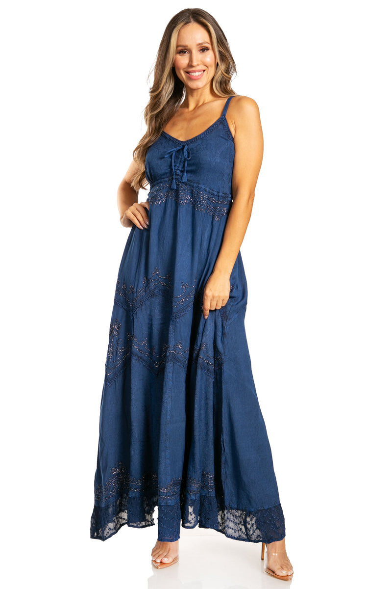 Sakkas Stonewashed Rayon Embroidered Adjustable Spaghetti Straps Long Dress