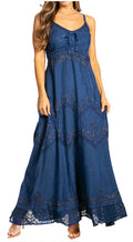 Sakkas Stonewashed Rayon Embroidered Adjustable Spaghetti Straps Long Dress#color_Navy