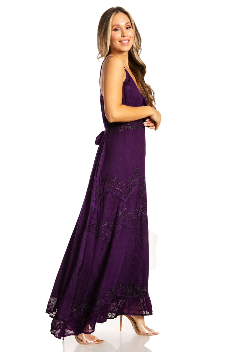 Sakkas Stonewashed Rayon Embroidered Adjustable Spaghetti Straps Long Dress