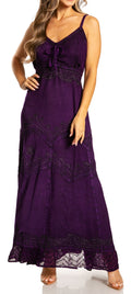 Sakkas Stonewashed Rayon Embroidered Adjustable Spaghetti Straps Long Dress#color_Purple