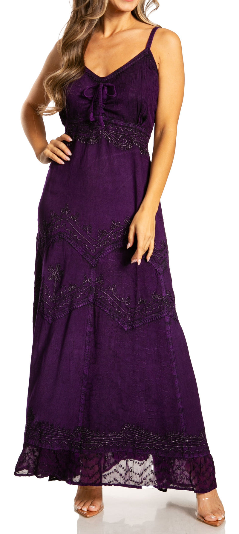 Sakkas Stonewashed Rayon Embroidered Adjustable Spaghetti Straps Long Dress