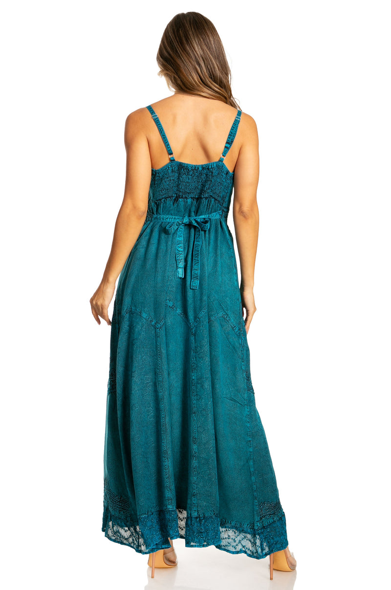 Sakkas Stonewashed Rayon Embroidered Adjustable Spaghetti Straps Long Dress