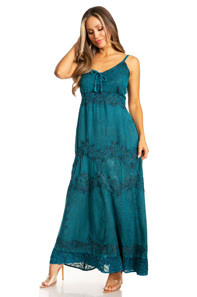 Sakkas Stonewashed Rayon Embroidered Adjustable Spaghetti Straps Long Dress