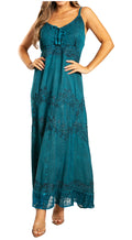 Sakkas Stonewashed Rayon Embroidered Adjustable Spaghetti Straps Long Dress#color_SteelBlue