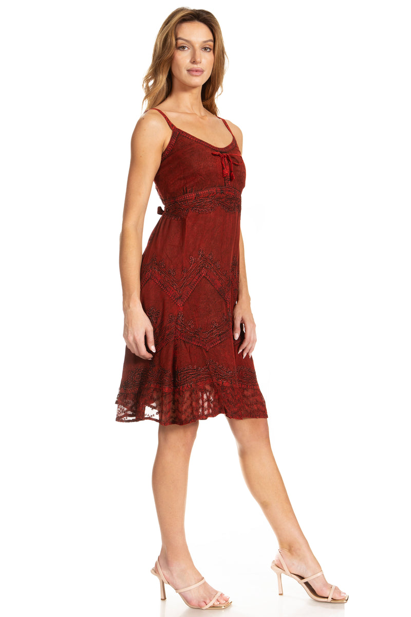 Sakkas Stonewashed Rayon Adjustable Spaghetti Straps Mid Length Dress