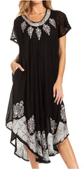 Sakkas Batik Hindi Cap Sleeve Caftan Dress / Cover Up#color_Black / Grey