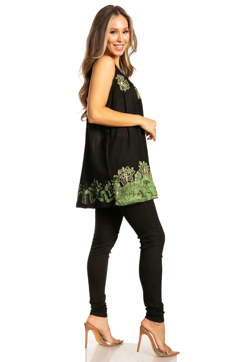 Sakkas Batik Embroidered V-Neck Sleeveless Blouse