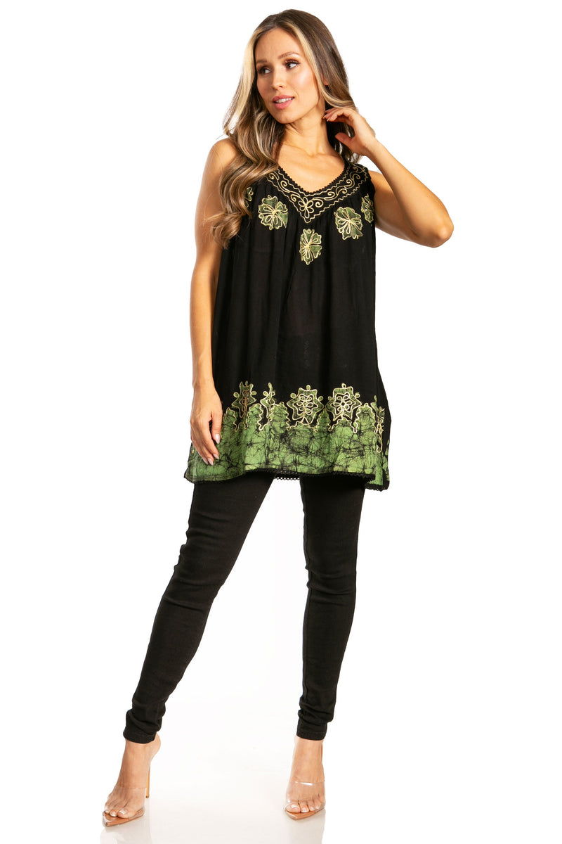 Sakkas Batik Embroidered V-Neck Sleeveless Blouse